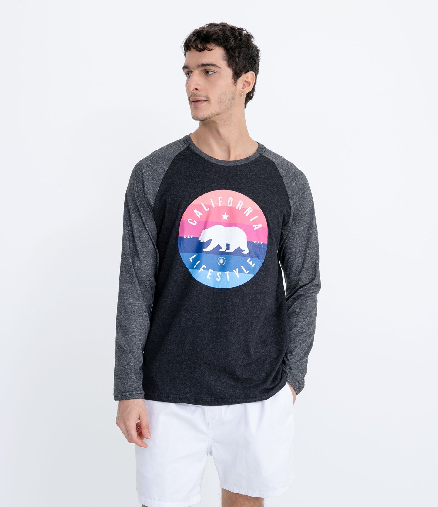 Maglietta Raglan nera a maniche lunghe con stampa dell'orso della California