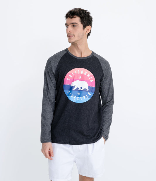 Maglietta Raglan nera a maniche lunghe con stampa dell'orso della California
