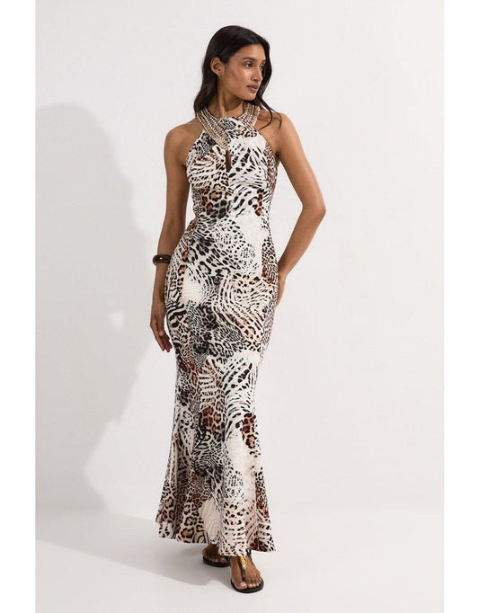 Maxi Vestido Petite de Viscosa con Estampado de Leopardo y Detalle de Cadena Dorada en el Cuello
