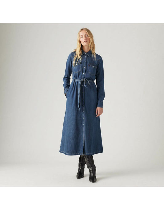 Vestido jeans midi com cintura marcada