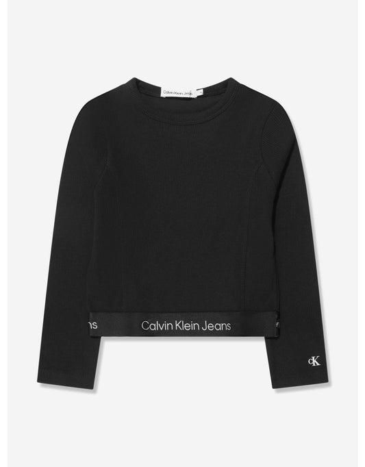 Camiseta de manga larga de canalé para niña en negro