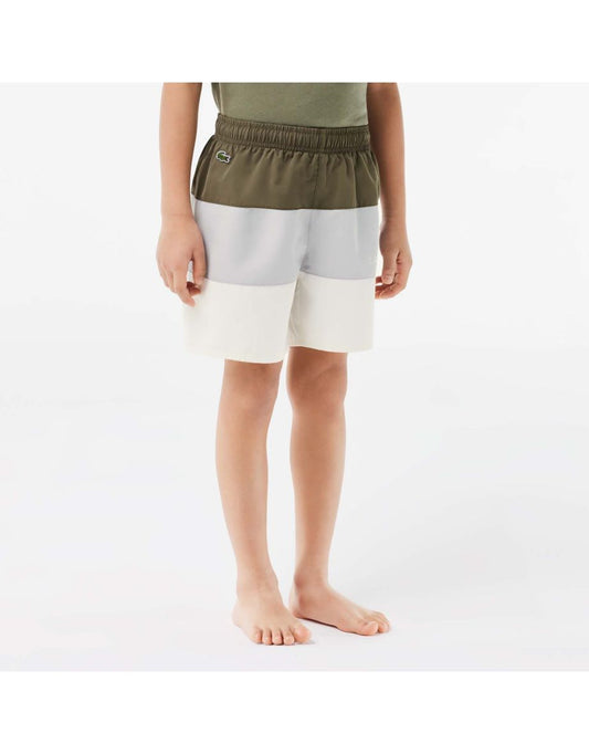 Boy's Lacoste Juniors Color Block Taffeta Swim Trunks in Green