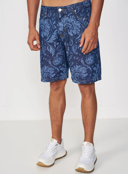 Botanical Night Print Denim Shorts
