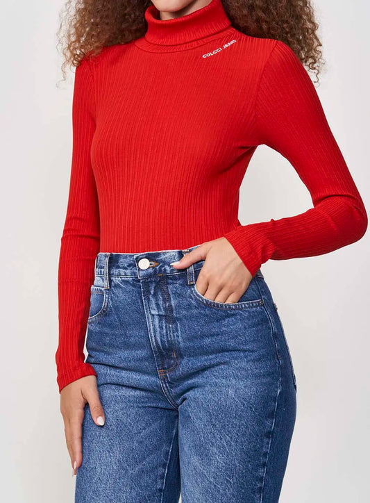 Blusa acanalada de cuello alto para mujer