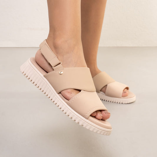 Women's Wedge Sandal with Velcro Strap - Comfortflex Beige