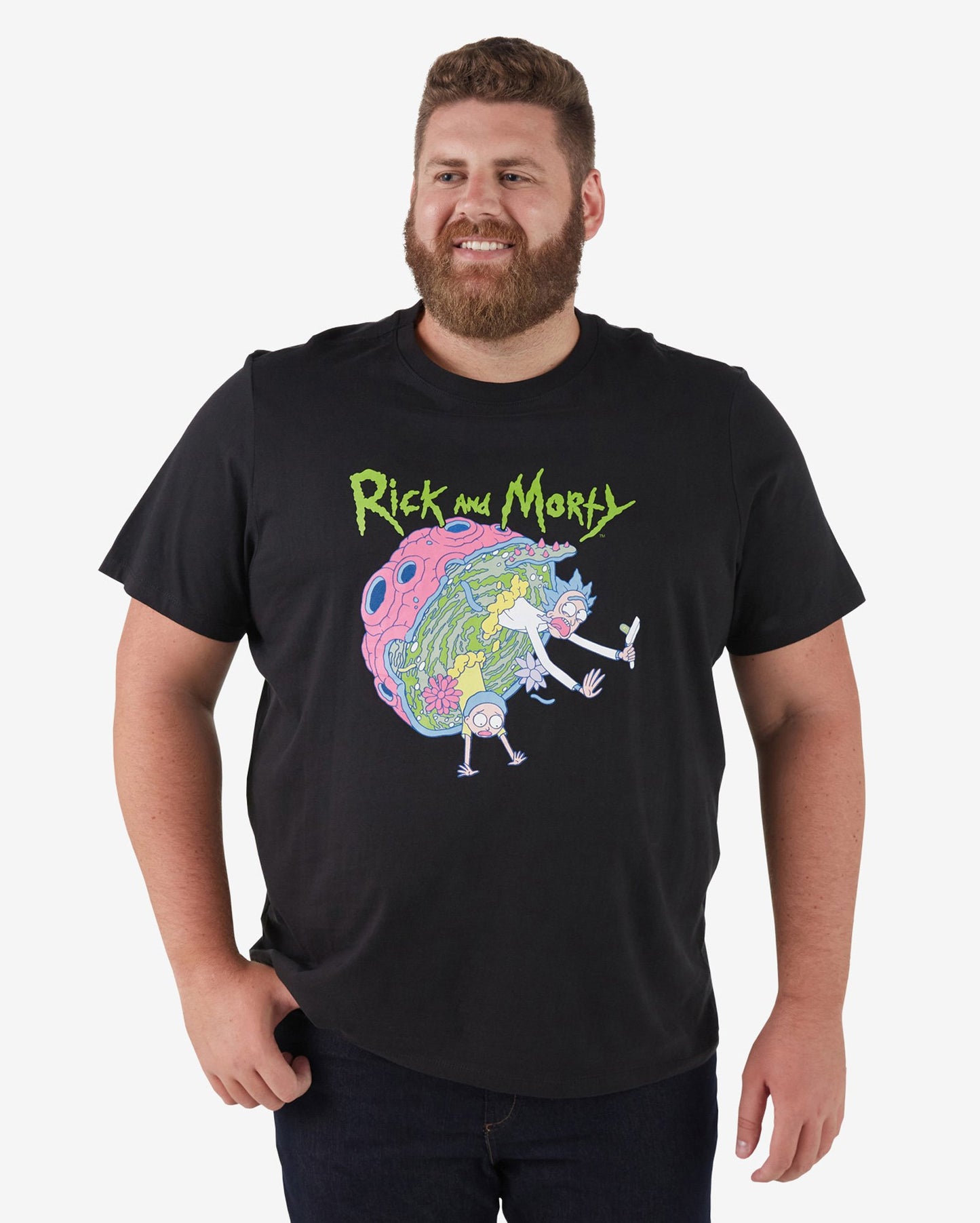 Men's Plus Size Short Sleeve Rick and Morty T-Shirt - Black
