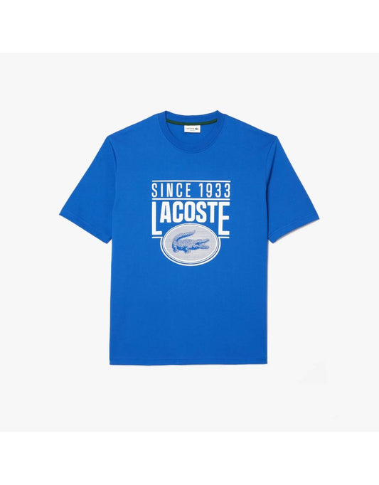 Camiseta masculina Lacoste com estampa de algodão pesado e ajuste folgado - Azul
