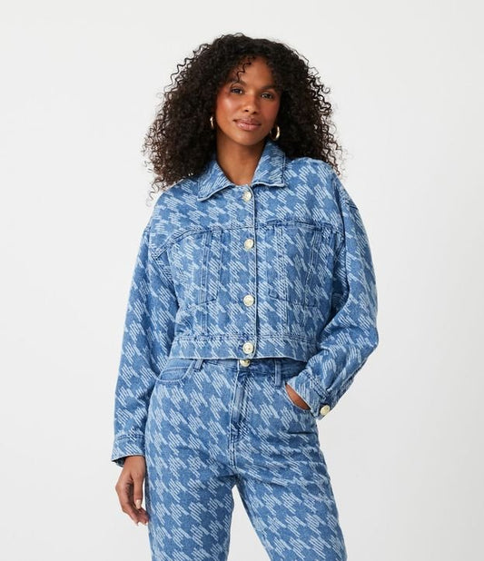 Giacca di jeans media con stampa pied de poule blu