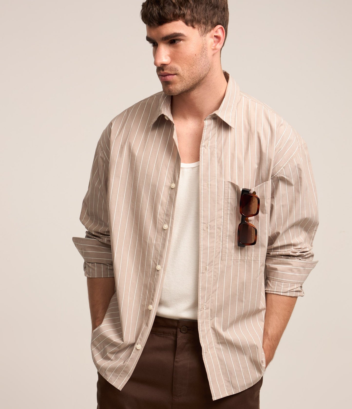 Relaxed Fit Striped Tricoline Shirt with Long Sleeves in Latte Brown