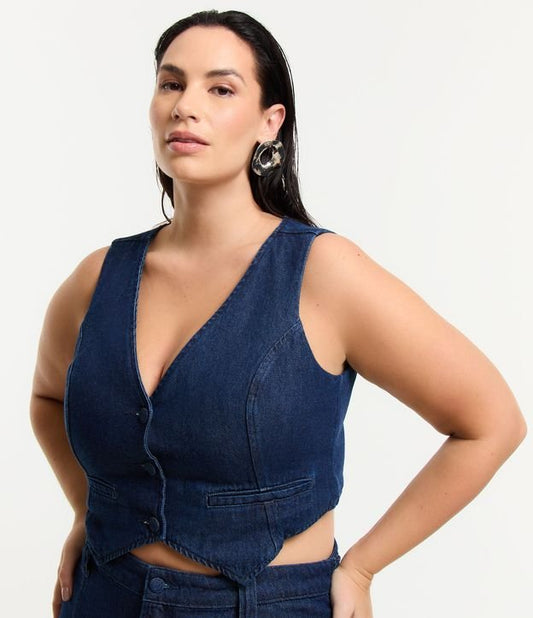 Gilet in denim ammorbidito con bottoni coperti, taglie forti e taglie forti, blu