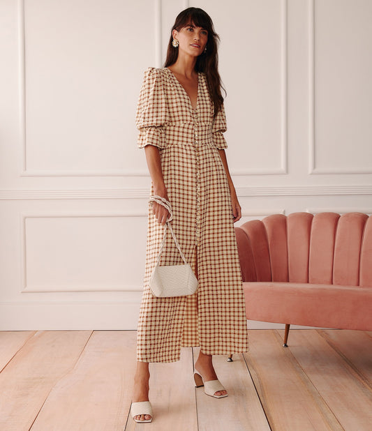 Vestito midi in viscosa a scacchi beige