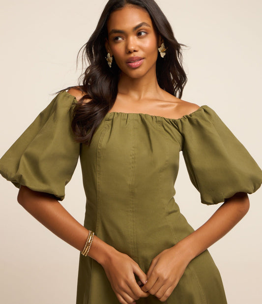 Green Midi Dress in Twill with Balloon Sleeves and Off-the-Shoulder Neckline