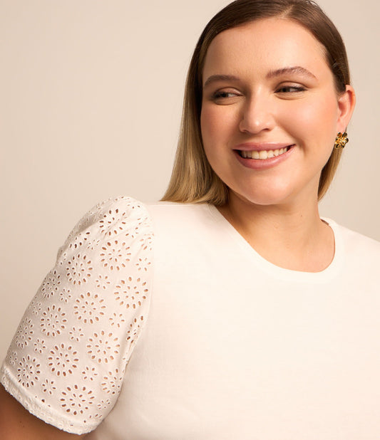 Blusa de algodão branca com mangas bufantes bordadas, Curve & Plus Size