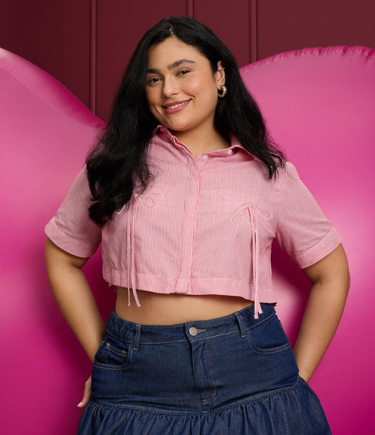 Cropped Shirt with Pockets and Ties, Curve & Plus Size, Red/White