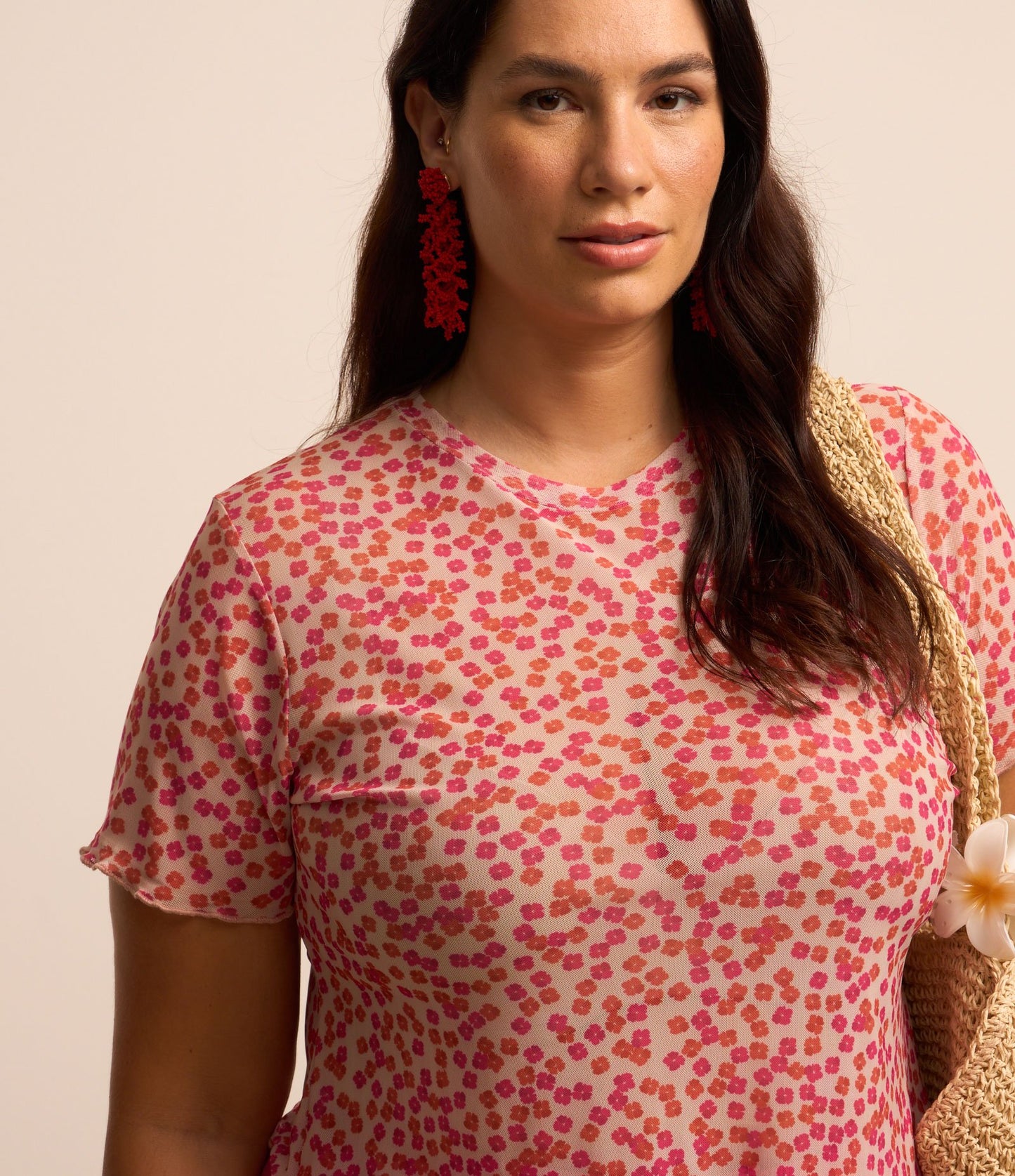 Camicetta in tulle con stampa floreale in taglie Curve e Plus Size - Rosa