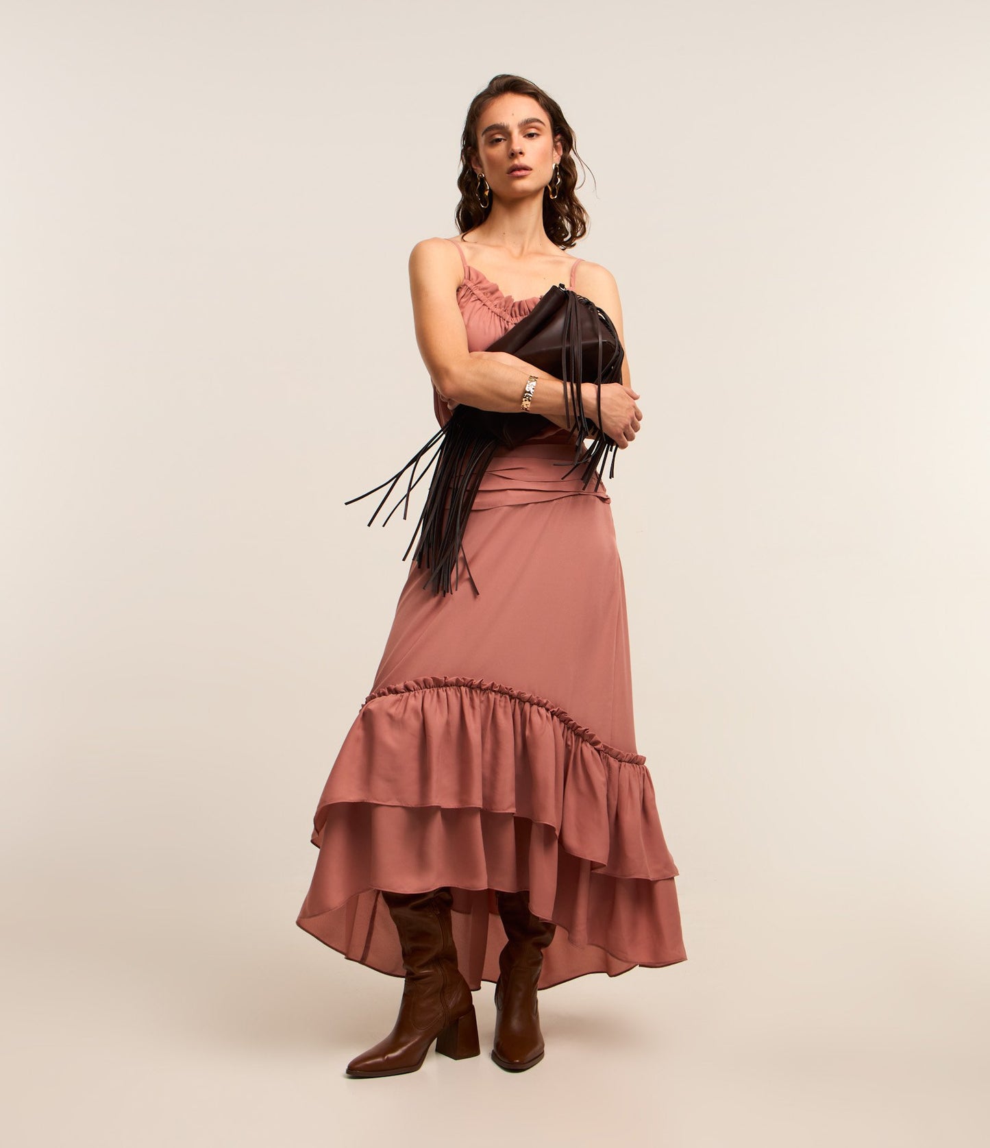 Midi Skirt in Tailored Fabric with Pink Ruffled High-Low Hem