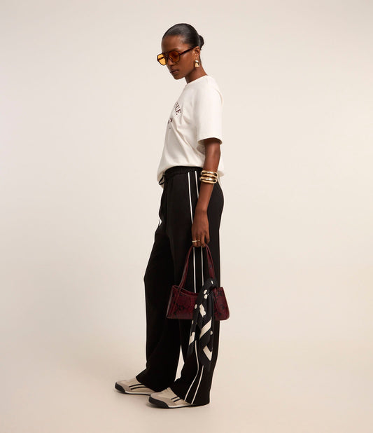 Calça Palazzo de Crepe de Cintura Alta com Contraste Preto