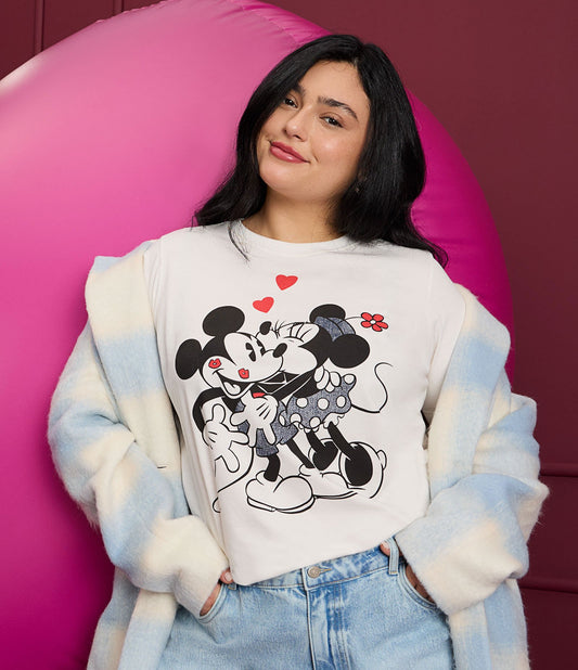 Maglietta in cotone bianco con stampa di Topolino e Minnie - Curve e taglie forti
