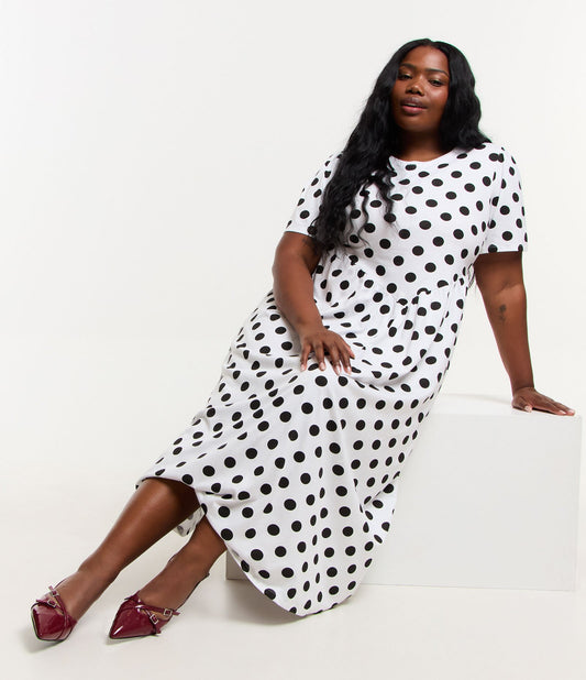 Vestito midi in cotone a pois con taglio a V in vita, Curve e taglie forti, bianco/nero