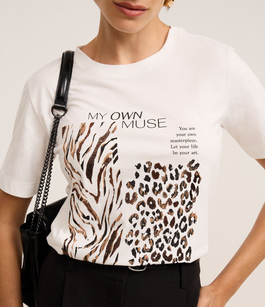 White Cotton T-Shirt with Zebra and Leopard Print