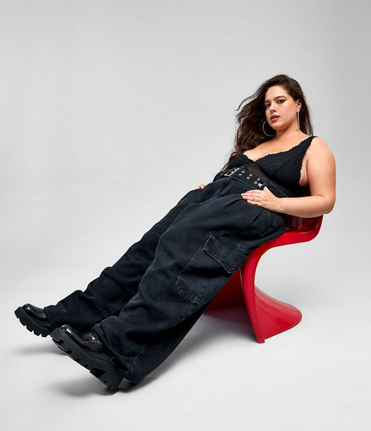 Jeans a gamba larga a vita media con cintura - Curve e taglie forti - Nero