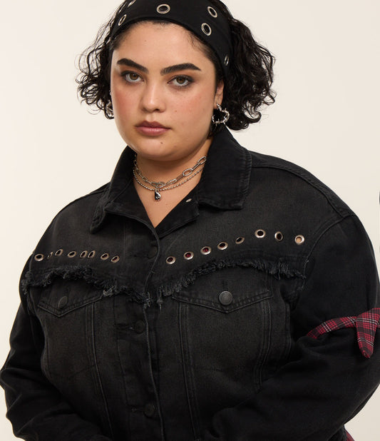 Giacca in denim nera oversize con occhielli - Curve e taglie forti