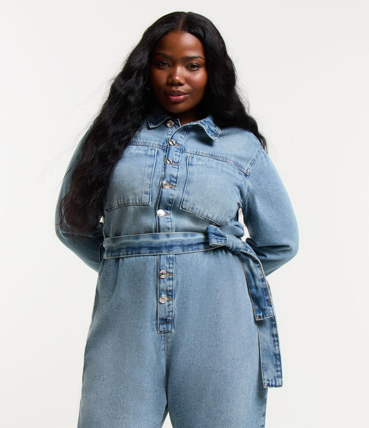 Long Denim Jumpsuit with Long Sleeves and Belt - Curve & Plus Size - Blue