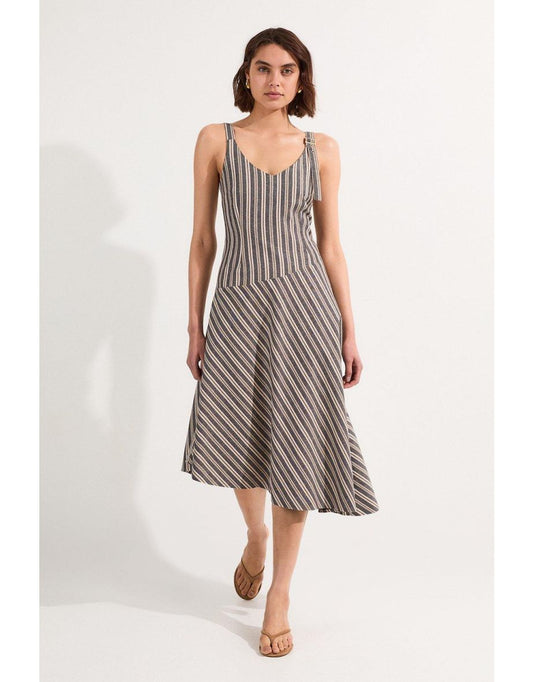 Vestido midi de linho listrado com alças e bainha assimétrica