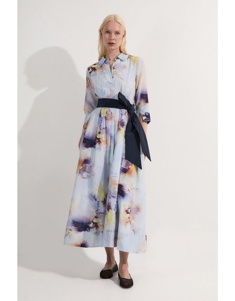 Vestido Primavera Floral Silk Cotton Woven Shirt Dress