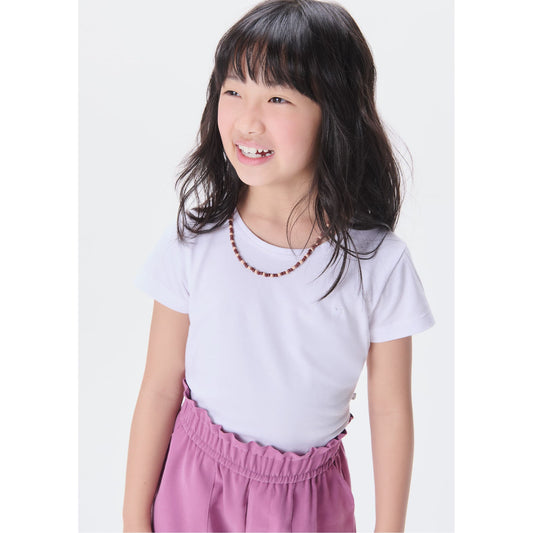 Girls' Basic Slim-Fit Short Sleeve Top with Heart Embroidery