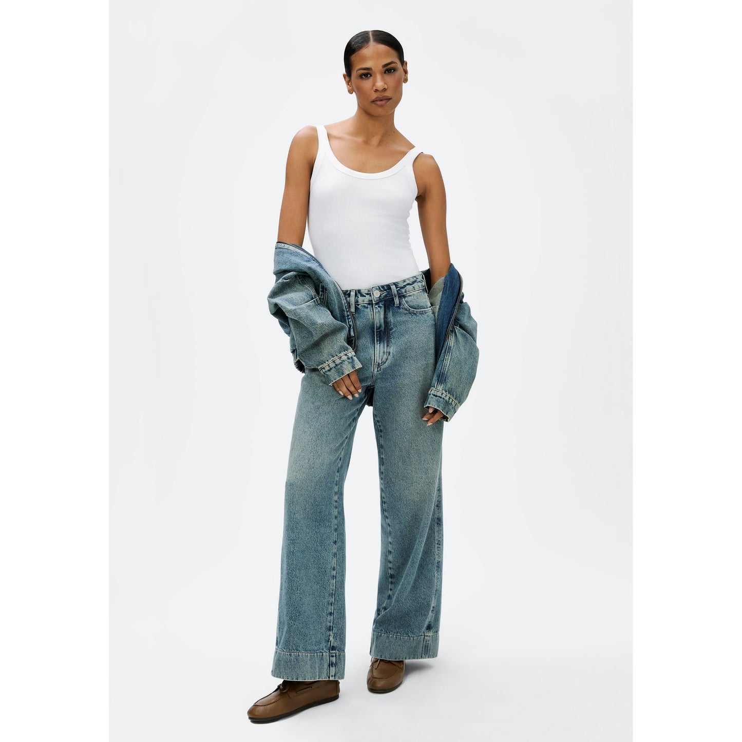 Calça de brim masculina de cintura alta e perna larga