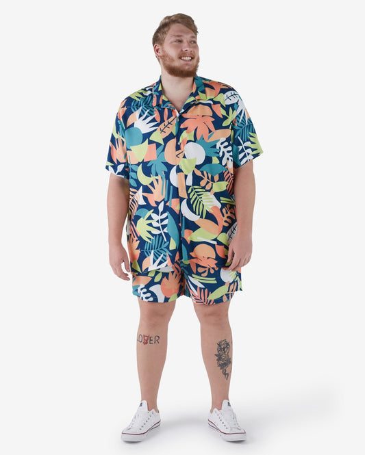 Plus Size Elastic Waist Multicolor Leaf Print Bermuda Shorts