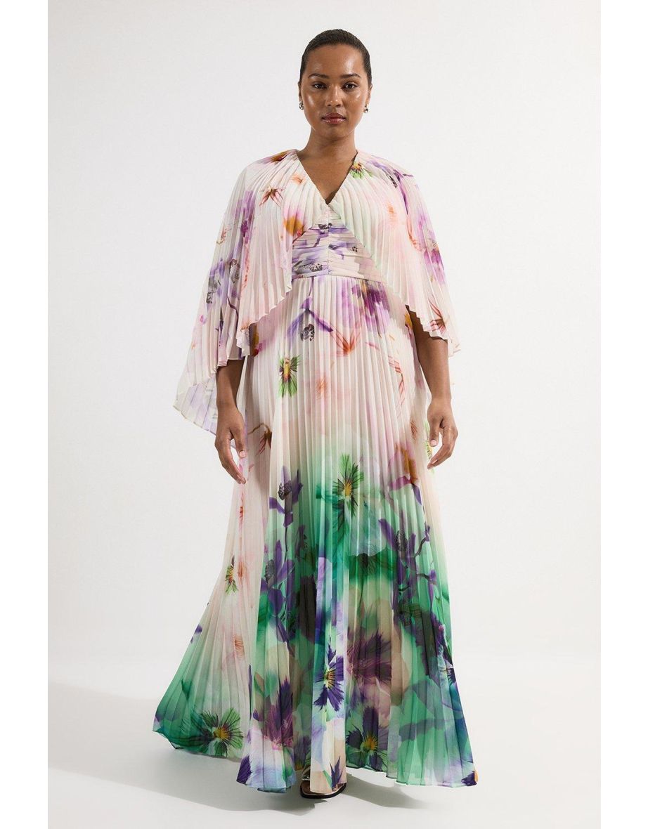 Vestido maxi com mangas plissadas florais e decote profundo para tamanhos maiores