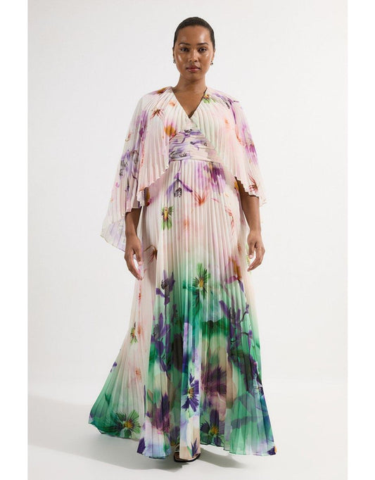 Maxivestido floral plisado de manga larga con cuello redondo