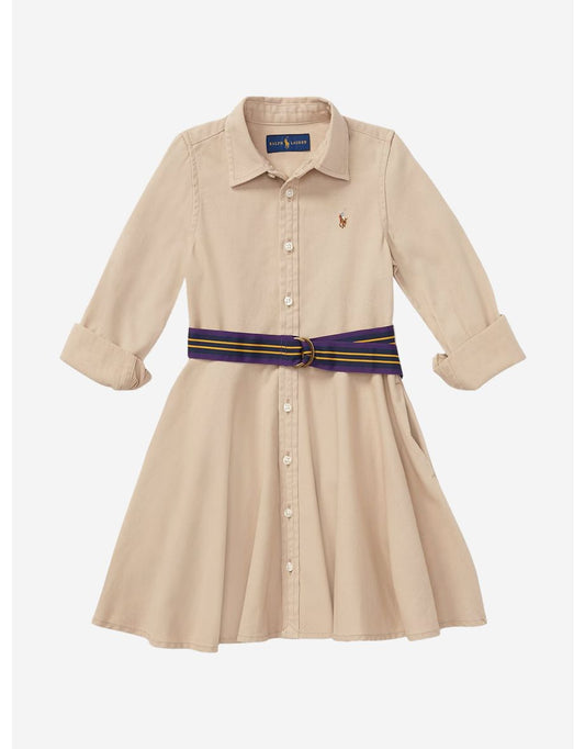Girls' Beige Belted Chino Shirt Dress