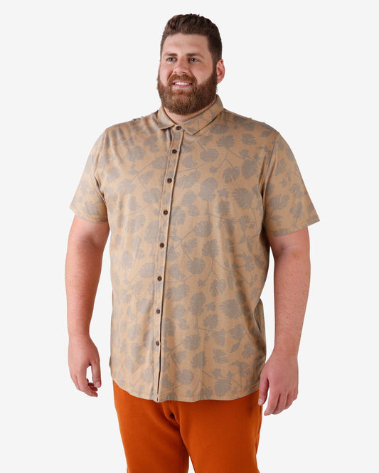 Camisa Plus Size de malha de algodão com estampa de folhas - Bege