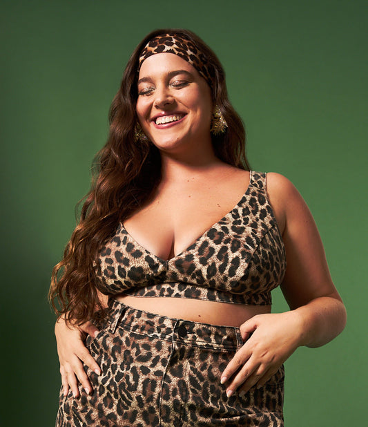 Top di jeans marrone con stampa animalier - Curve e taglie forti