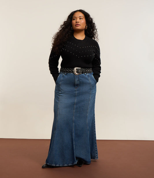 Gonna di jeans midi a sirena in blu Curve e taglie forti