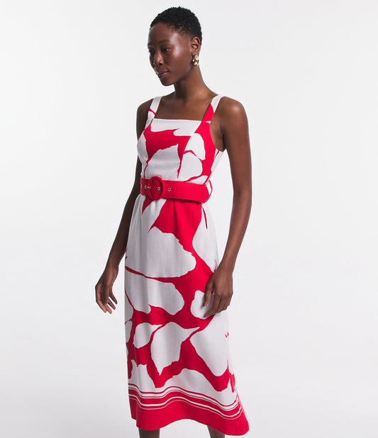 Vestido longo de linho sem mangas com cinto e pontos estampados em branco/vermelho