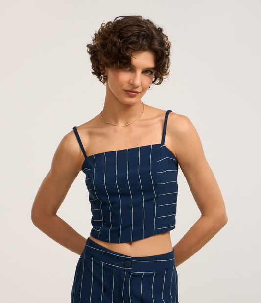Striped Tricoline Spaghetti Strap Blouse with Blue Smocking