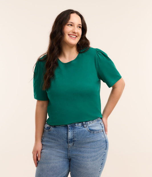 Cotton Blouse with Puff Sleeves Curve & Plus Size Green