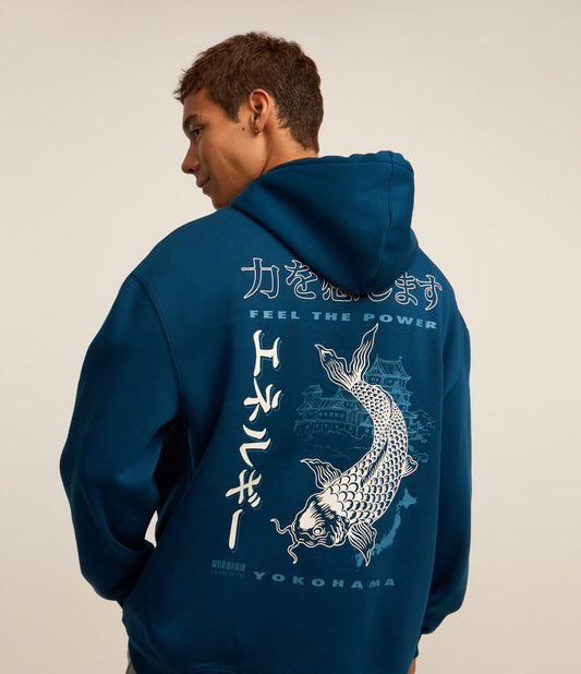 Felpa rilassata con stampa orientale e pesce Koi blu