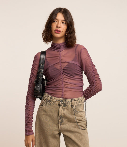 Brown Tulle Blouse with Draping and High Collar