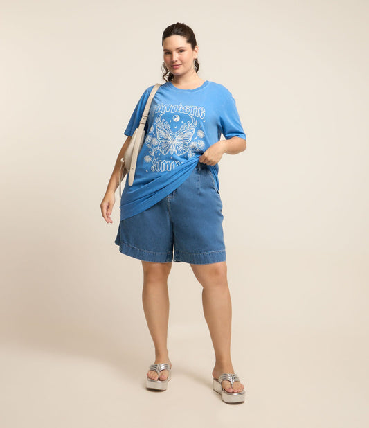Bermuda in denim a pieghe con orlo largo, Curve e taglie forti, blu