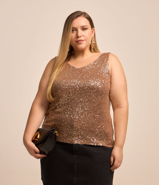 Camicetta senza maniche in paillettes con fodera, Curve e taglie forti, oro