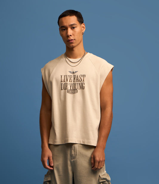 Canotta in cotone con stampa "Live Fast Die Young" in Beige