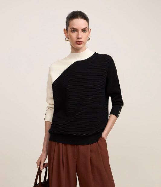 Viscose Sweater with Cuff Buttons in Black/White