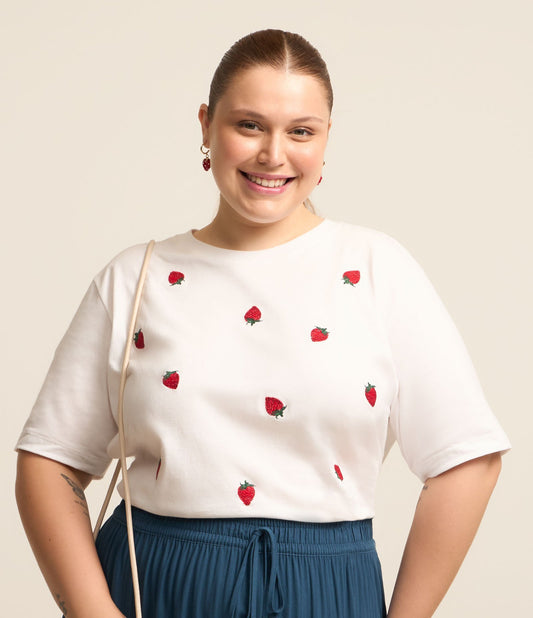 Camicetta in cotone con fragole ricamate, Curve e taglie forti, bianco