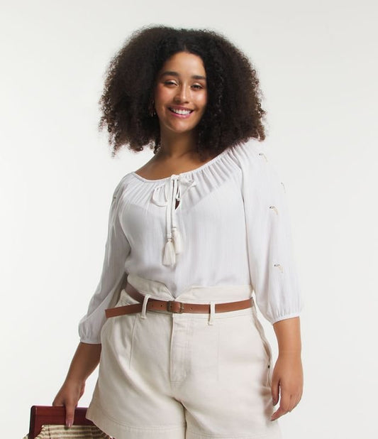 3/4 Sleeve Textured Viscose Embroidered Blouse, Curve & Plus Size, Off White