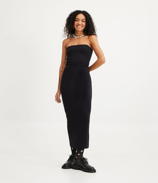 Vestido New Midi preto sem alças e sem mangas em malha Roma